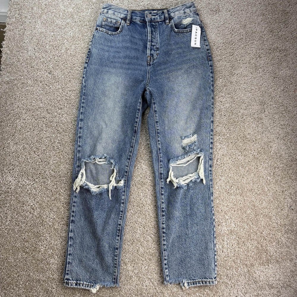 Pacific Sunwear Tear It Up Mom Jeans Womens 25 Medium Wash Distressed Denim
